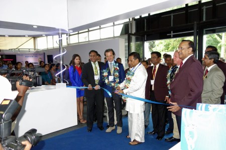 Opening of trade exhibition. With Rajitha Senaratne, minister of Fisheries, and Suresh Shanmuganathan, president of the Sri Lanka Dental Association.